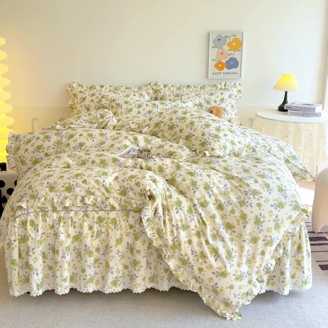 91家纺网 家纺一手货源 找家纺 十个点 2024新款全棉印花床笠式床裙四件套-樱桃系列 秋意