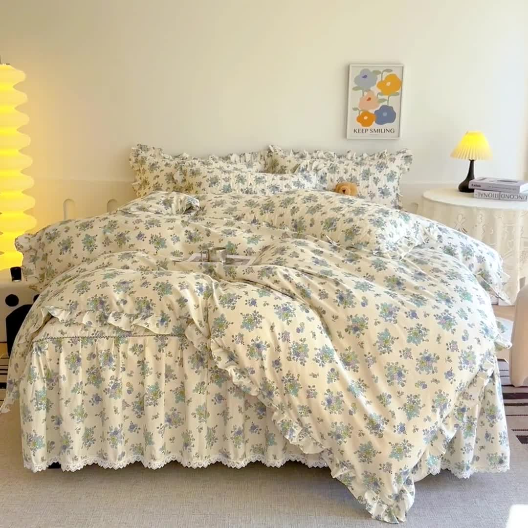 91家纺网 家纺一手货源 找家纺 十个点 2024新款全棉印花床笠式床裙四件套-樱桃系列 青花