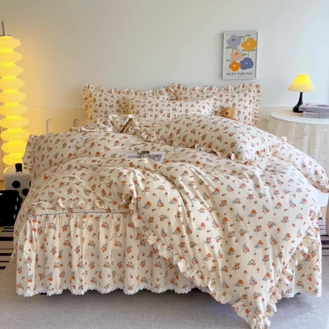 91家纺网 家纺一手货源 找家纺 十个点 2024新款全棉印花床笠式床裙四件套-樱桃系列 沐风