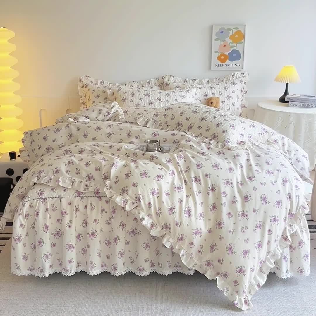 91家纺网 家纺一手货源 找家纺 十个点 2024新款全棉印花床笠式床裙四件套-樱桃系列 洛潇