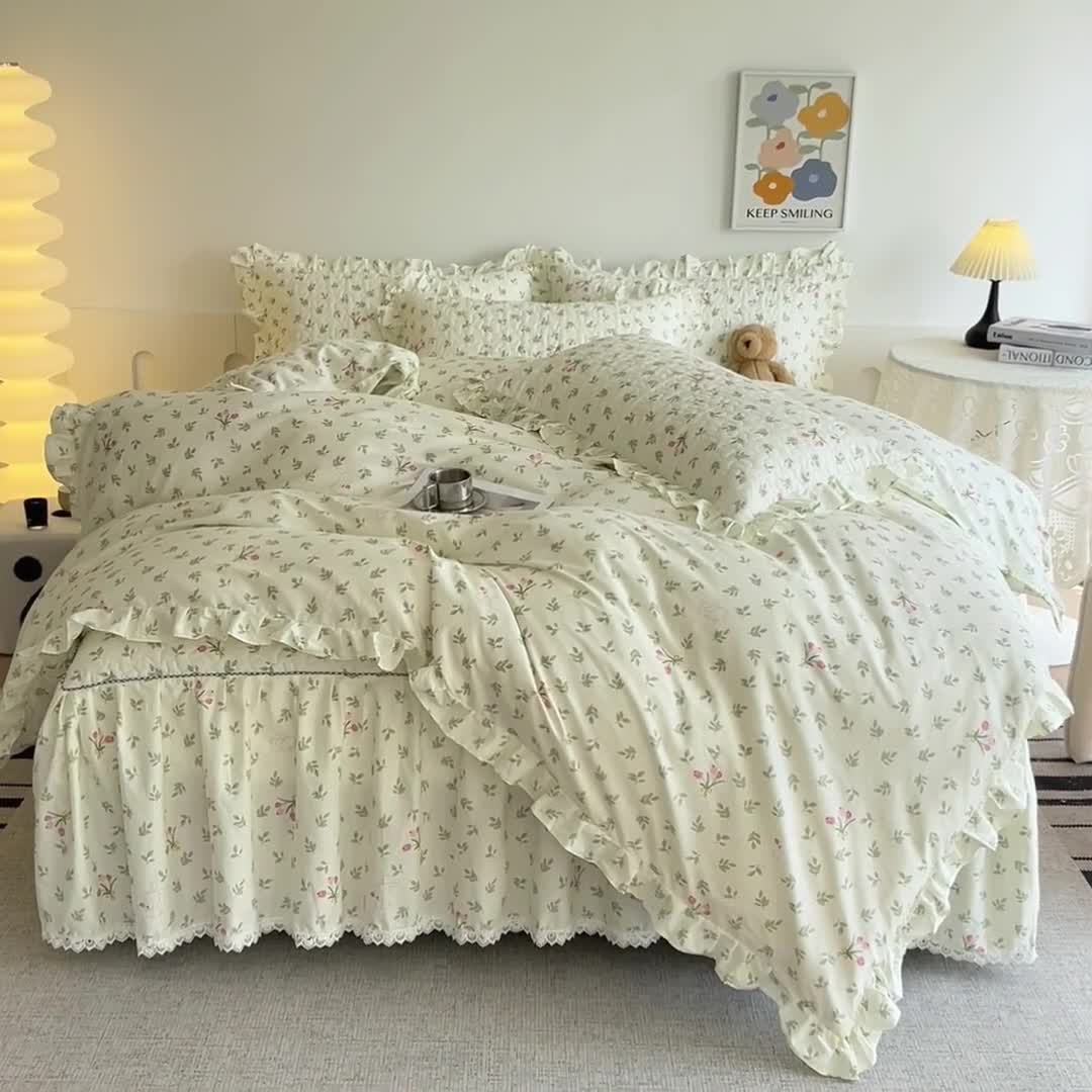 91家纺网 家纺一手货源 找家纺 十个点 2024新款全棉印花床笠式床裙四件套-樱桃系列 果香