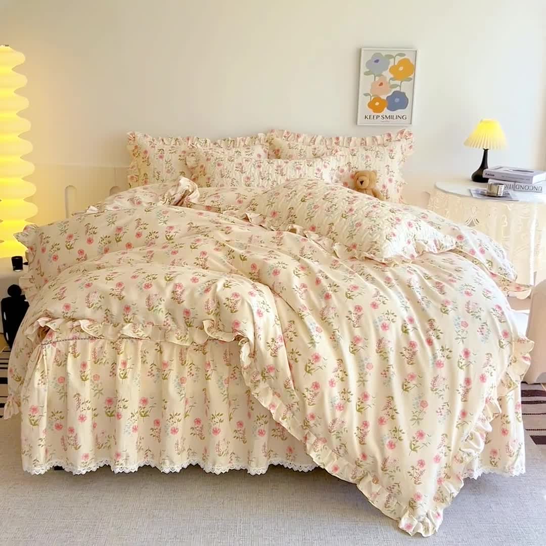 91家纺网 家纺一手货源 找家纺 十个点 2024新款全棉印花床笠式床裙四件套-樱桃系列 朵菲