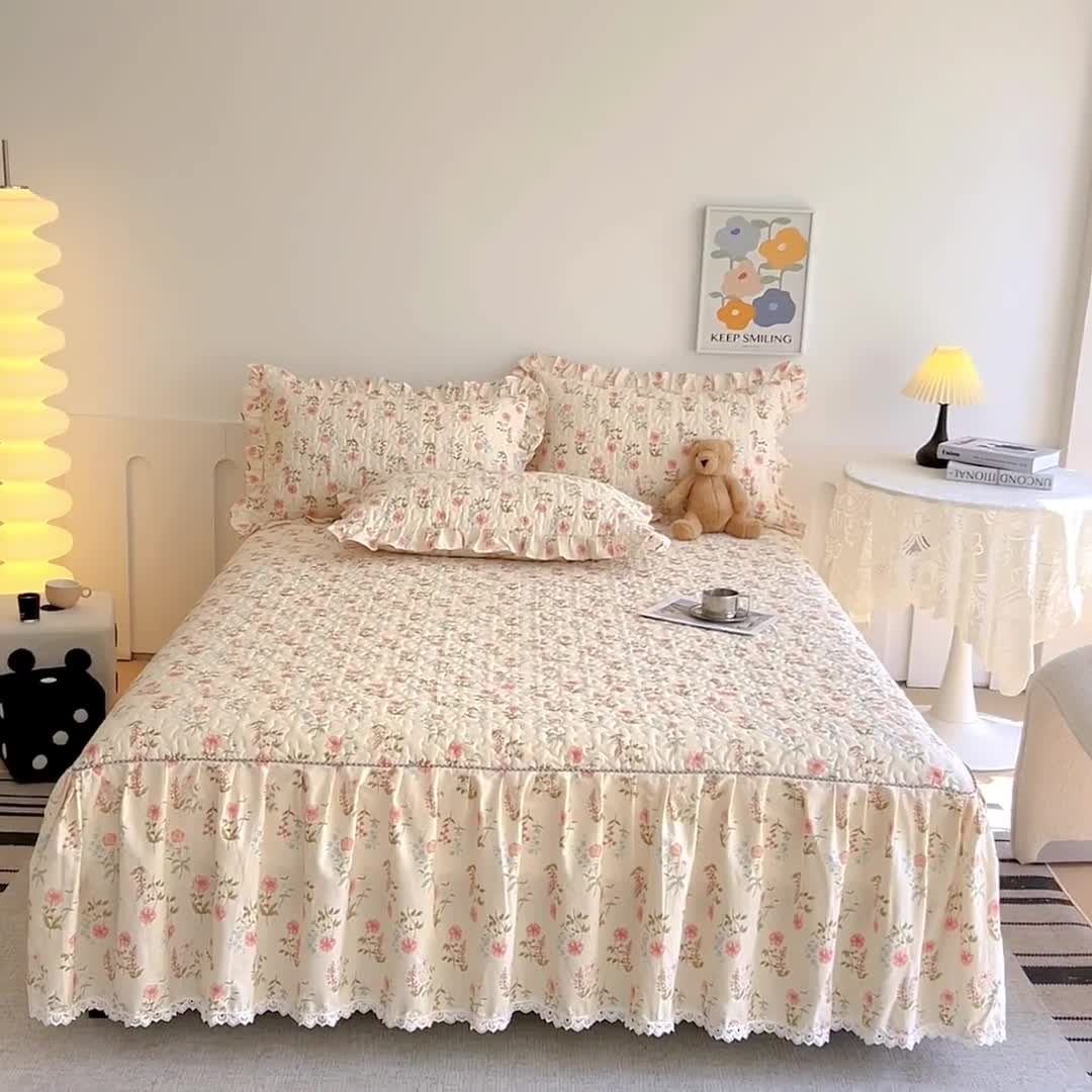 91家纺网 家纺一手货源 找家纺 十个点 2024新款全棉印花床笠式单品床裙-樱桃系列 朵菲