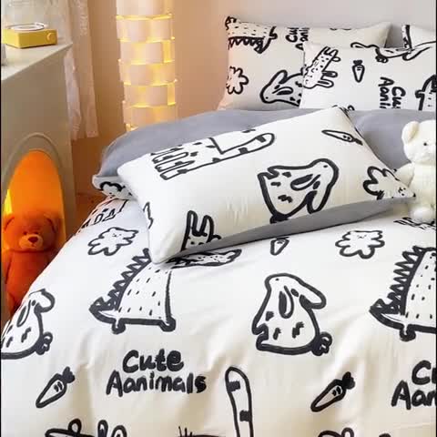 91家纺网 家纺一手货源 找家纺 金丝鸟家纺 2023新款全棉印花加牛奶绒四件套 涂鸦 a棉b牛奶绒