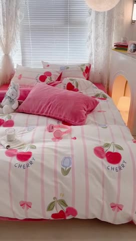 91家纺网 家纺一手货源 找家纺 昔可 2023新款亲肤柔软棉加绒四件套 郁金花樱桃