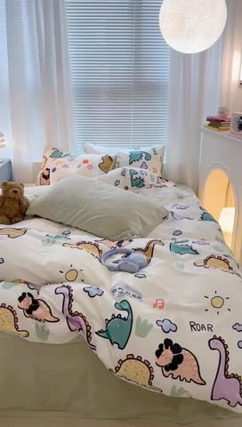 91家纺网 家纺一手货源 找家纺 昔可 2023新款亲肤柔软棉加绒四件套 彩条恐龙