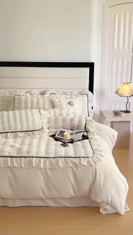 91家纺网 家纺一手货源 找家纺 婳庭家居  2023新款山茶花兔兔绒系列四件套 山茶花-米白