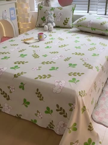 91家纺网 家纺一手货源 找家纺 安哆啦 2024新款高克重小清新牛奶绒单床单 绿叶兔兔