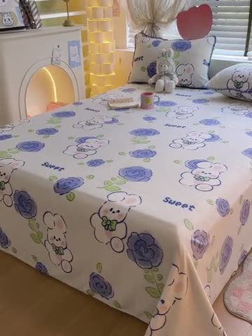 91家纺网 家纺一手货源 找家纺 安哆啦 2024新款高克重小清新牛奶绒单床单 蓝花小兔