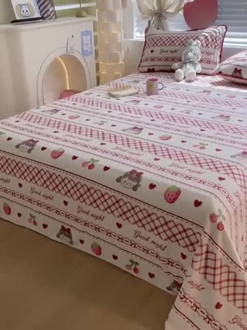 91家纺网 家纺一手货源 找家纺 安哆啦 2024新款高克重小清新牛奶绒单床单 草莓女孩