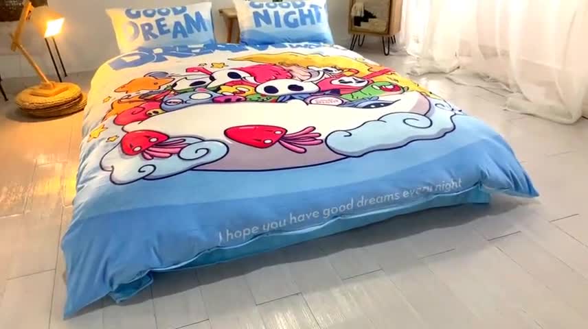 91家纺网 家纺一手货源 找家纺 璞素 2023新款日系卡通涂鸦风格水晶绒数码印花四件套 每晚好梦