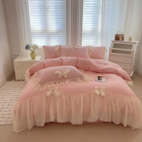 91家纺网 家纺一手货源 找家纺 （总）老K（美阁）超柔雪纺大花边蝴蝶结四件套