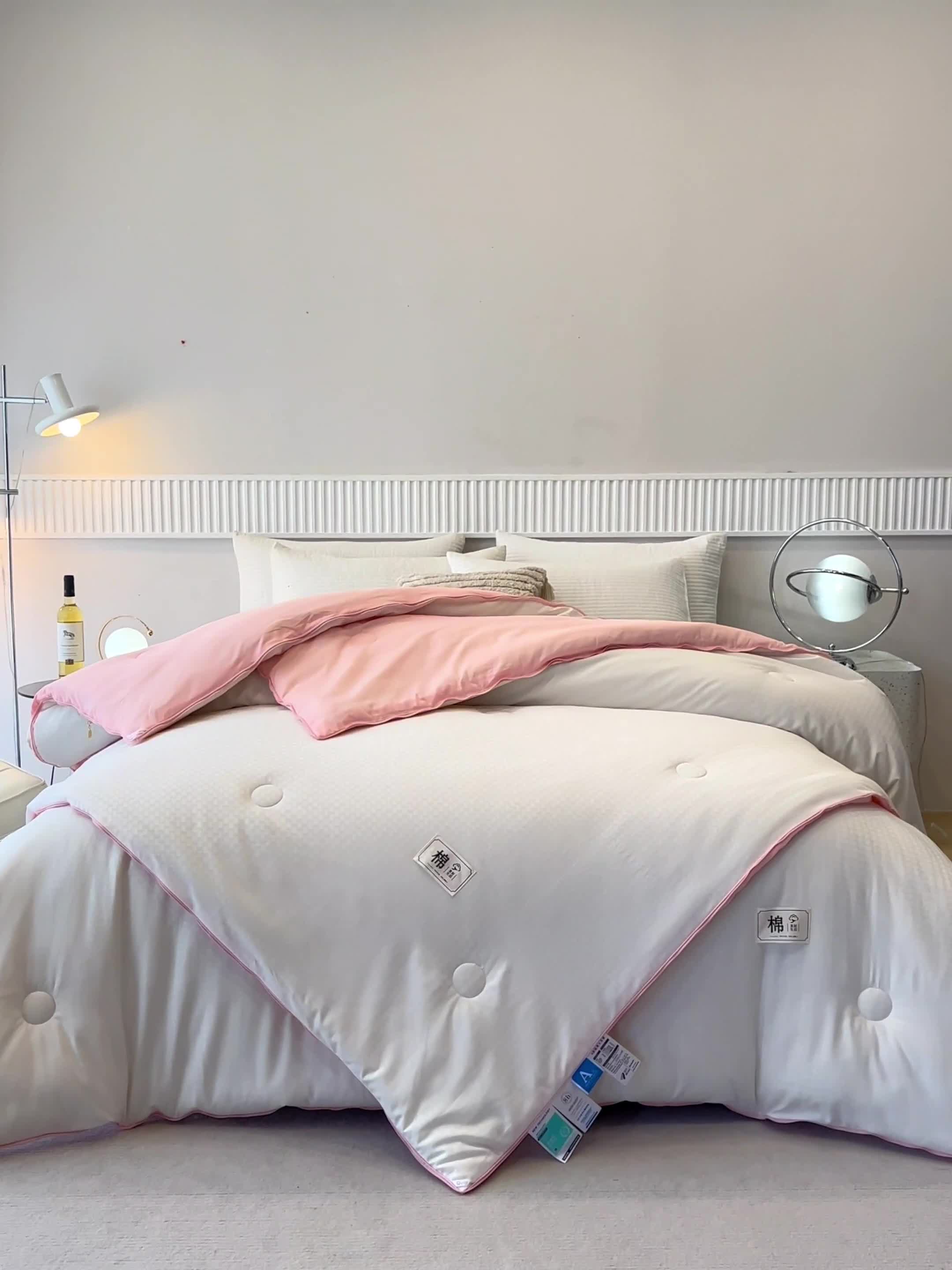 91家纺网 家纺一手货源 找家纺 2025新款原棉双拼提花大豆被二合一拉链款子母被春秋冬被子夏被学生宿舍被褥 子母被本白+粉玉色
