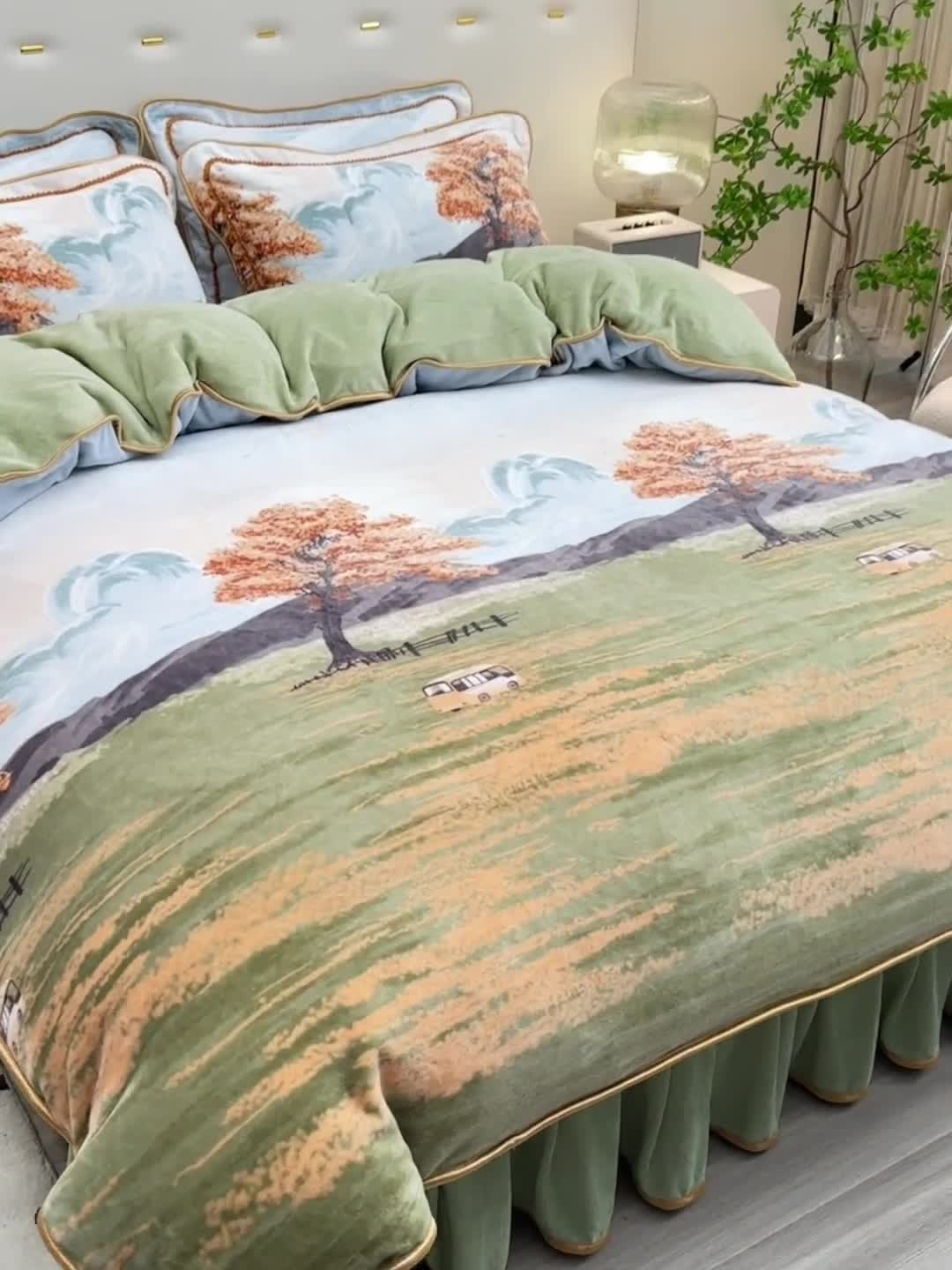 91家纺网 家纺一手货源 找家纺 新款A类8.5到9斤印花牛奶绒金貂绒床裙款保暖绒四件套秋意浓浓-床裙款