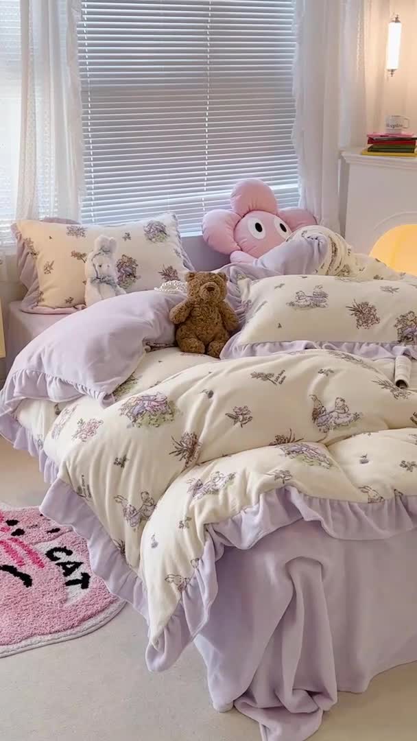 91家纺网 家纺一手货源 找家纺 昔可 2023新款韩系ins花边款牛奶绒四件套 熊熊花园