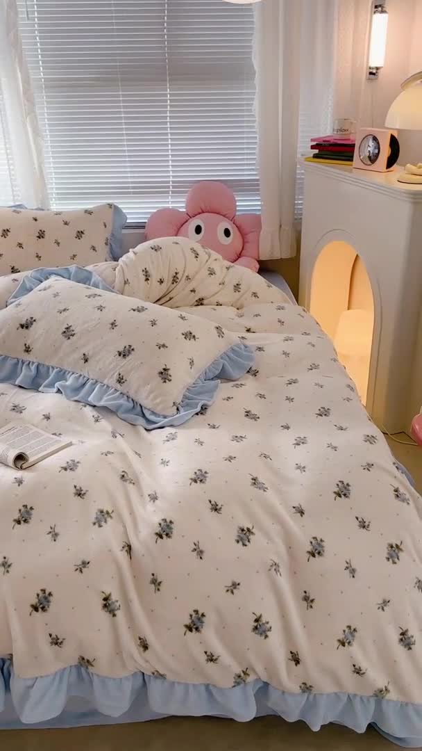 91家纺网 家纺一手货源 找家纺 昔可 2023新款韩系ins花边款牛奶绒四件套 西西里碎花