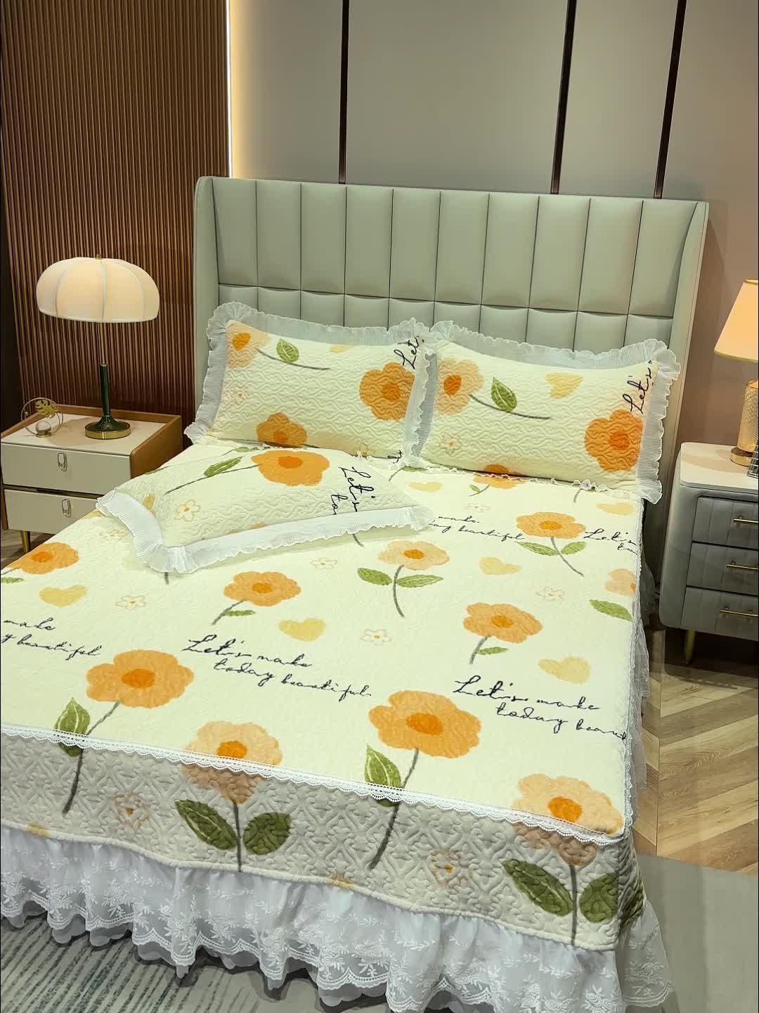 91家纺网 家纺一手货源 找家纺 冬然 2023新款床盖牛奶绒夹棉床裙四件套单床裙单被套 缤纷花园