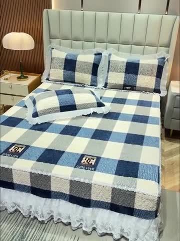 91家纺网 家纺一手货源 找家纺 冬然 2023新款床盖牛奶绒夹棉床裙四件套单床裙单被套 棋盘格