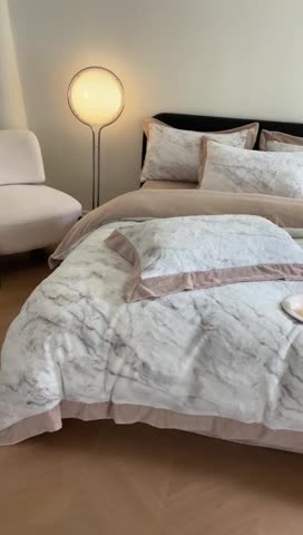 91家纺网 家纺一手货源 找家纺 慕色家纺 2023新款兔毛绒水墨纹绒系列四件套 水墨纹-奶茶咖