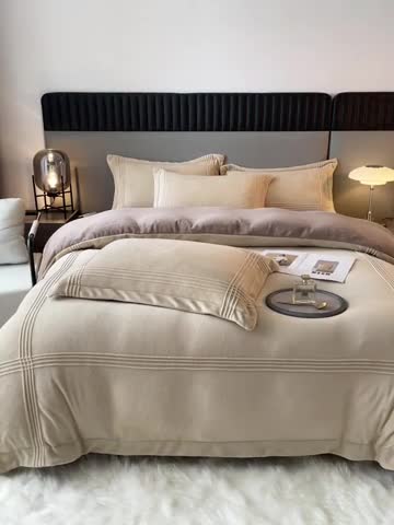 91家纺网 家纺一手货源 找家纺 米瑞娜 2024新款轻奢风埋绳款高克重牛奶绒四件套 美娜德-米咖浅米灰