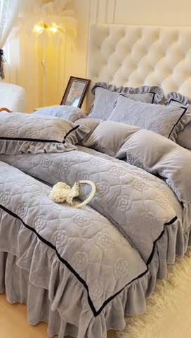 91家纺网 家纺一手货源 找家纺 麒豆豆 新款高克重加厚保暖牛奶绒法式大花边四件套-眷恋 眷恋-高级灰