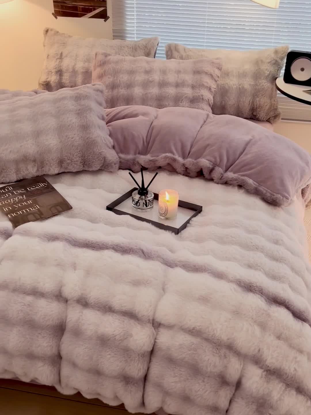 91家纺网 家纺一手货源 找家纺 金爱家 2023新款七彩大泡泡兔兔绒兔毛绒四件套 七彩紫