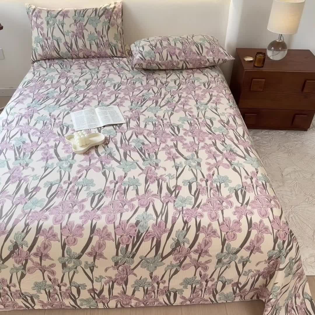 91家纺网 家纺一手货源 找家纺 火星时代 2023新款A类有氧提花小竺棉床单水洗棉粗布床单三件套 美人蕉