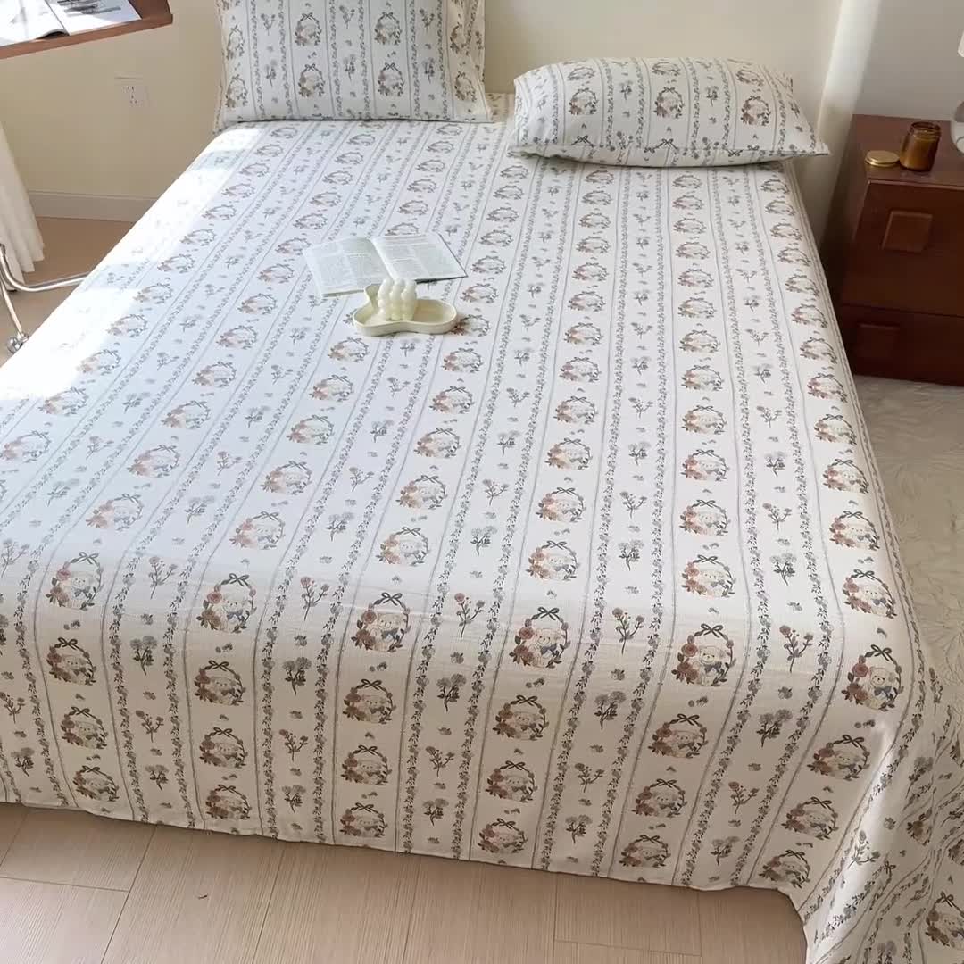 91家纺网 家纺一手货源 找家纺 火星时代 2023新款A类有氧提花小竺棉床单水洗棉粗布床单三件套 彩环熊