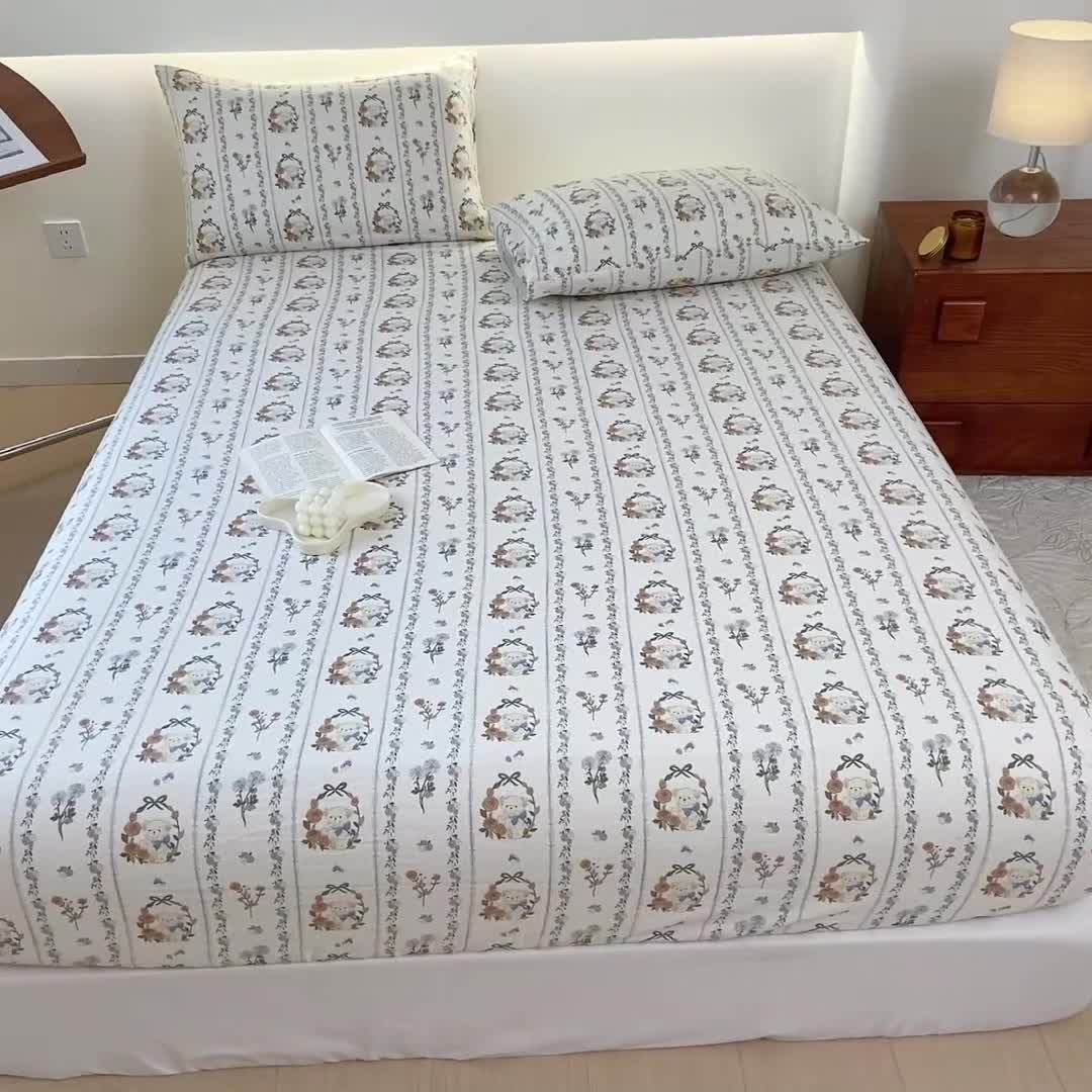 91家纺网 家纺一手货源 找家纺 火星时代 2023新款A类床笠罩棉小竺棉床笠保护套纯色床罩床垫罩床套 彩环熊