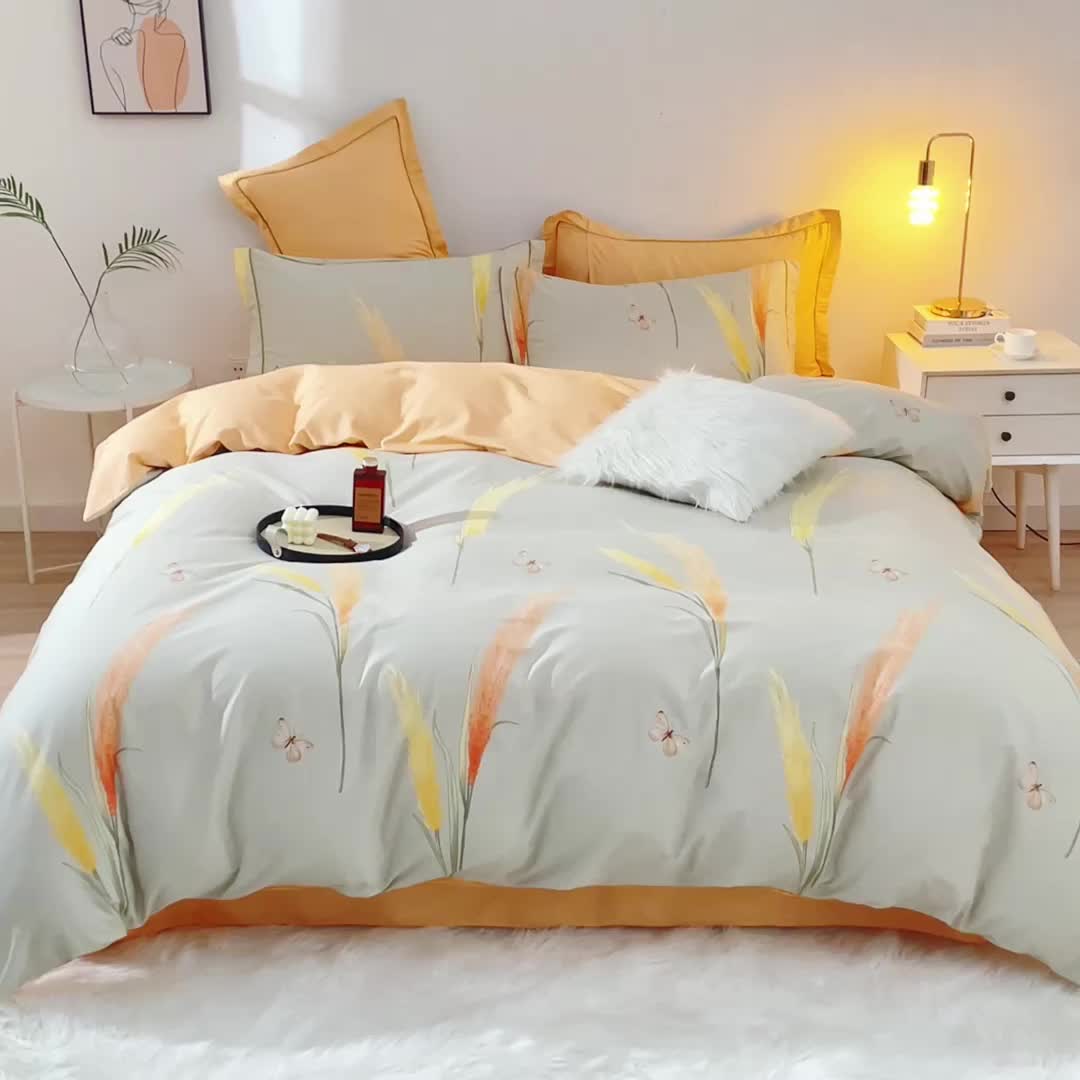 91家纺网 家纺一手货源 找家纺 沐白 2023全棉13376花卉条格系列印花四件套 摇曳生姿-灰