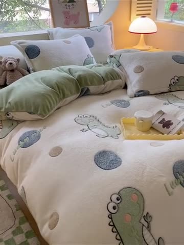 91家纺网 家纺一手货源 找家纺 慕尚 2025新款5D雪花绒四件套系列 恐龙之恋