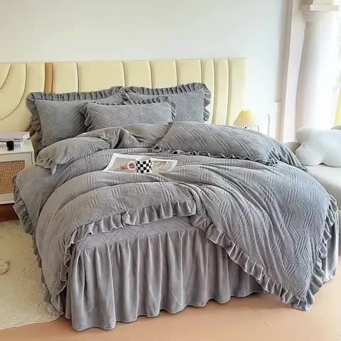 91家纺网 家纺一手货源 找家纺 十个点家纺 2024新款牛奶绒床裙四件套-欣雅 欣雅奶油灰