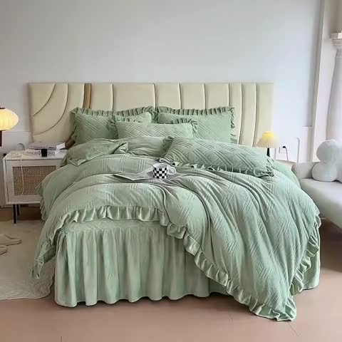 91家纺网 家纺一手货源 找家纺 十个点家纺 2024新款牛奶绒床裙四件套-欣雅 欣雅奶油绿
