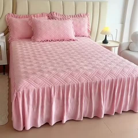 91家纺网 家纺一手货源 找家纺 十个点家纺 2024新款牛奶绒单床裙-欣雅 胭脂粉