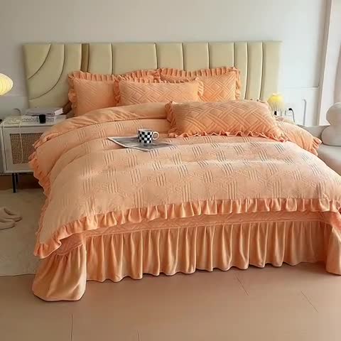 91家纺网 家纺一手货源 找家纺 十个点家纺 2024新款牛奶绒欣雅床盖四件套 欣雅-金驼色