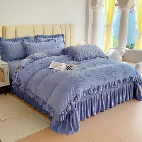 91家纺网 家纺一手货源 找家纺 十个点家纺 2024新款牛奶绒欣雅床盖四件套 欣雅-浅宝蓝
