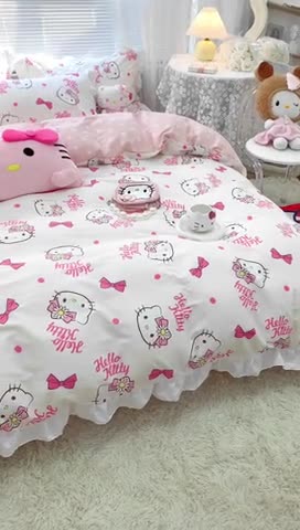 91家纺网 家纺一手货源 找家纺 朵希曼 2026新款全棉花边Kitty系列四件套 花边款-雏菊凯蒂