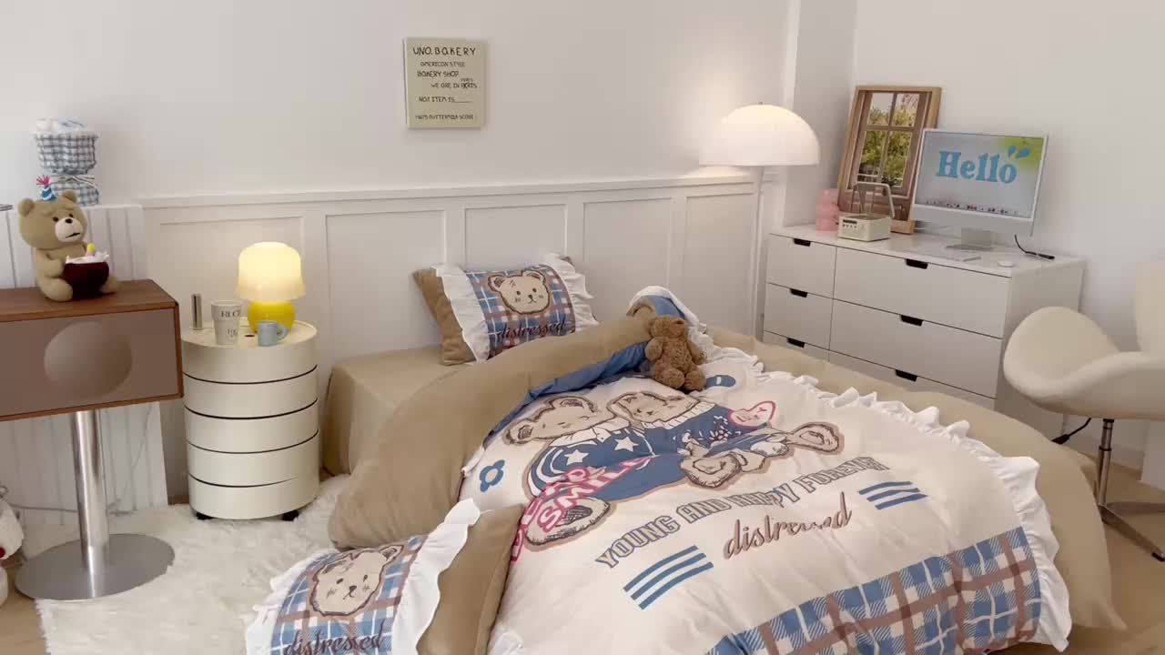 91家纺网 家纺一手货源 找家纺 昔可家纺 2023新款花边数码宝宝绒四件套 冬日熊宝