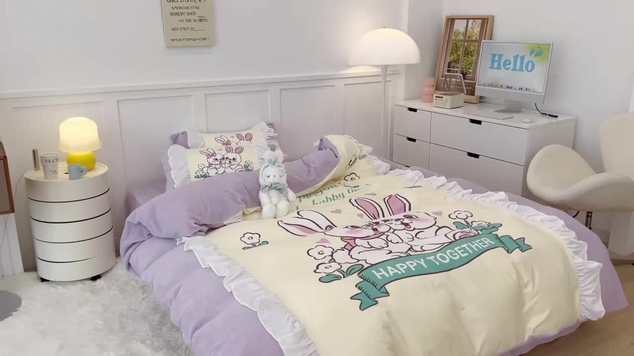 91家纺网 家纺一手货源 找家纺 昔可家纺 2023新款花边数码宝宝绒四件套 萌萌兔兔