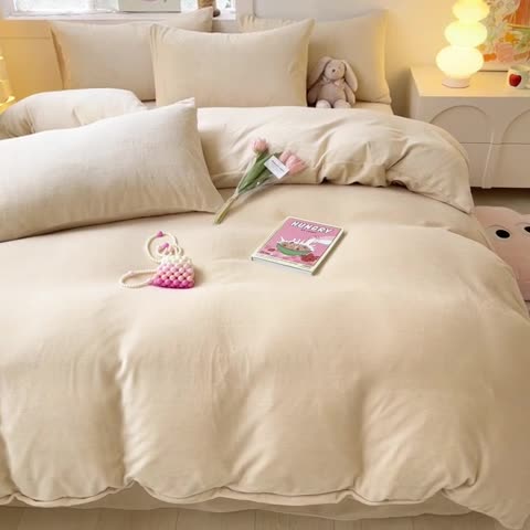 91家纺网 家纺一手货源 找家纺 慕澄家纺 2023新款简约牛奶绒加厚保暖四件套-纯爱 纯爱-驼咖