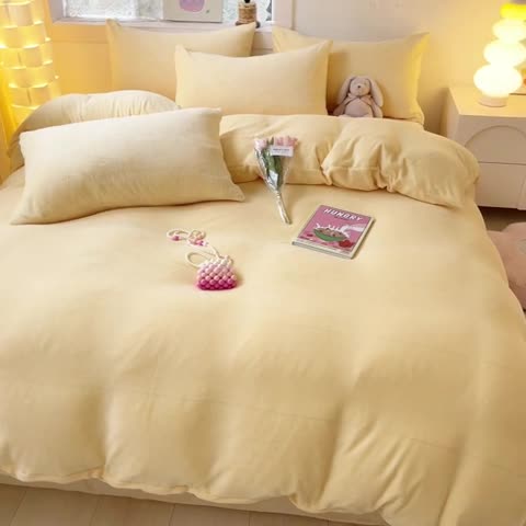 91家纺网 家纺一手货源 找家纺 慕澄家纺 2023新款简约牛奶绒加厚保暖四件套-纯爱 纯爱-杏黄