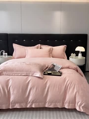 91家纺网 家纺一手货源 找家纺 魅都 100s长绒棉提花大拼角四件套 国色牡丹-雅粉