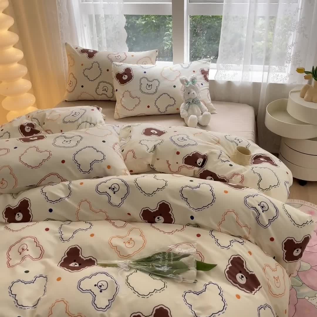 91家纺网 家纺一手货源 找家纺 柠馨 2023新款13376全棉Ins博主风四件套 萌宠熊
