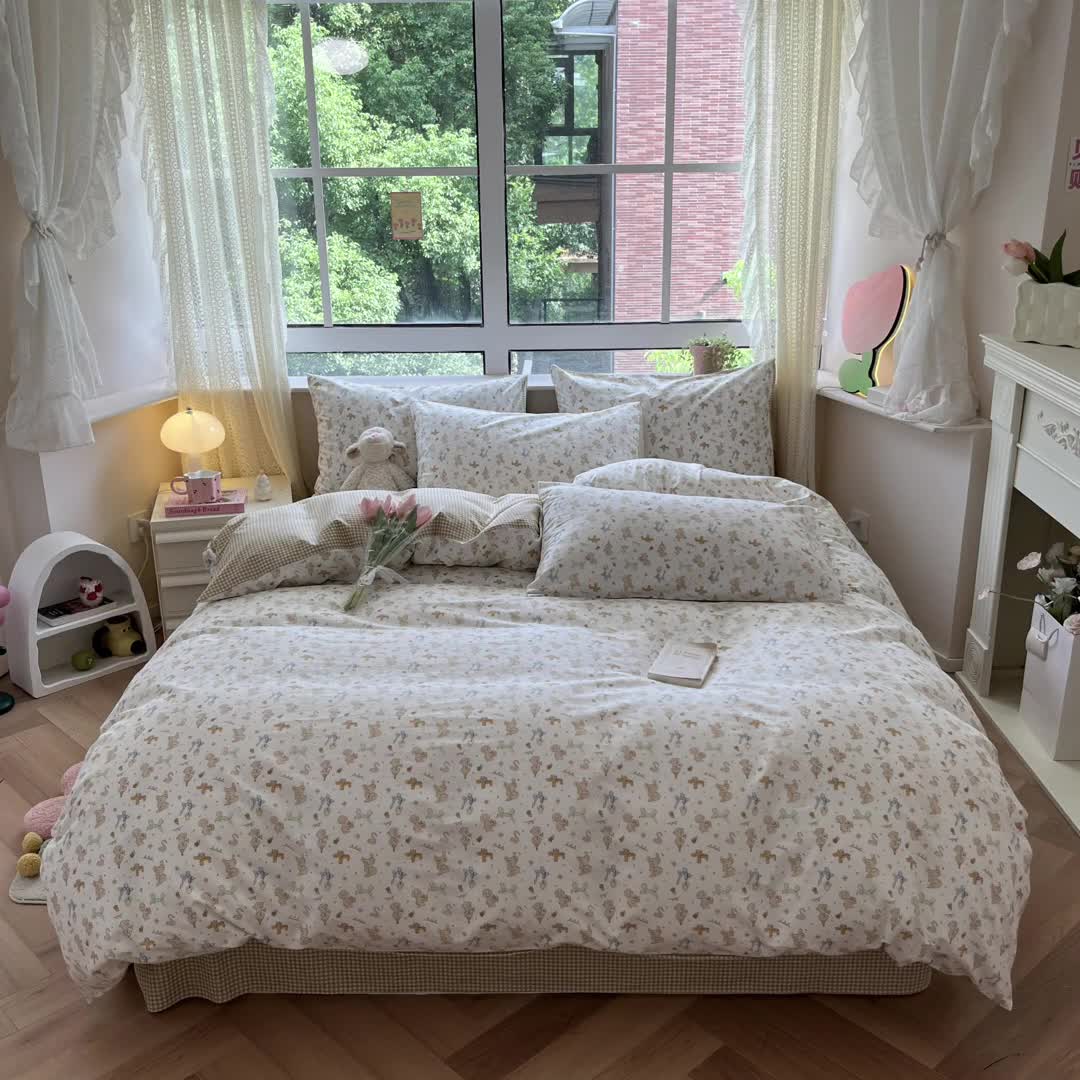 91家纺网 家纺一手货源 找家纺 柠馨 2023新款13376全棉Ins博主风四件套 狗狗派对