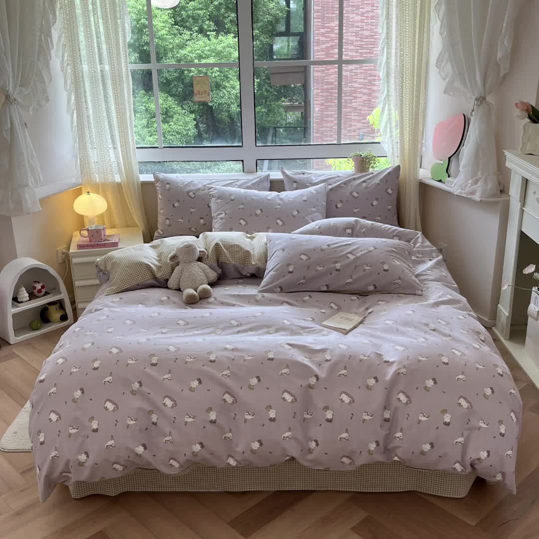 91家纺网 家纺一手货源 找家纺 柠馨 2023新款13376全棉Ins博主风四件套 慵懒猫咪