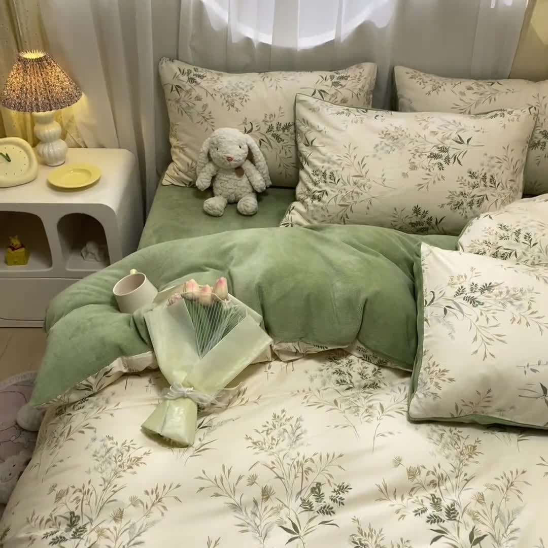 91家纺网 家纺一手货源 找家纺 曼之夏 2023新款棉加绒四件套 仙草-棉加绒