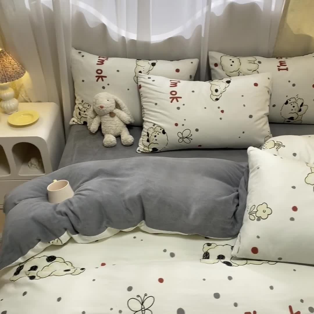 91家纺网 家纺一手货源 找家纺 曼之夏 2023新款棉加绒四件套 呆萌狗-棉加绒