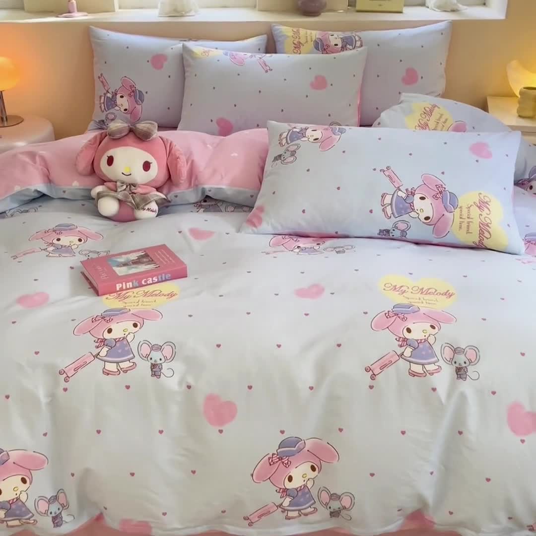 91家纺网 家纺一手货源 找家纺 曼之夏 2023新款全棉三丽鸥卡通四件套 时尚美乐蒂