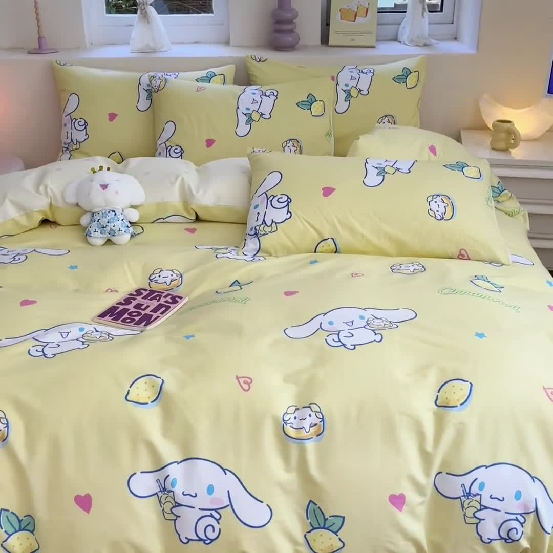 91家纺网 家纺一手货源 找家纺 曼之夏 2023新款全棉三丽鸥卡通四件套 柠檬大耳狗