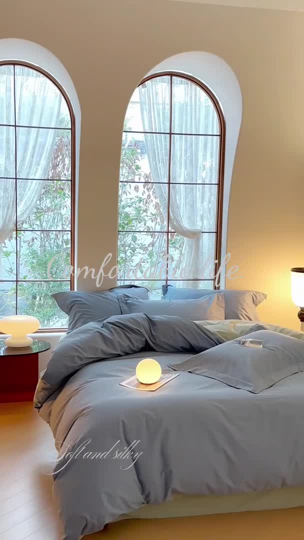 91家纺网 家纺一手货源 找家纺 秀色2025高端50支加厚陶瓷磨毛全棉四件套奶油风瑞妮窃蓝+青提绿